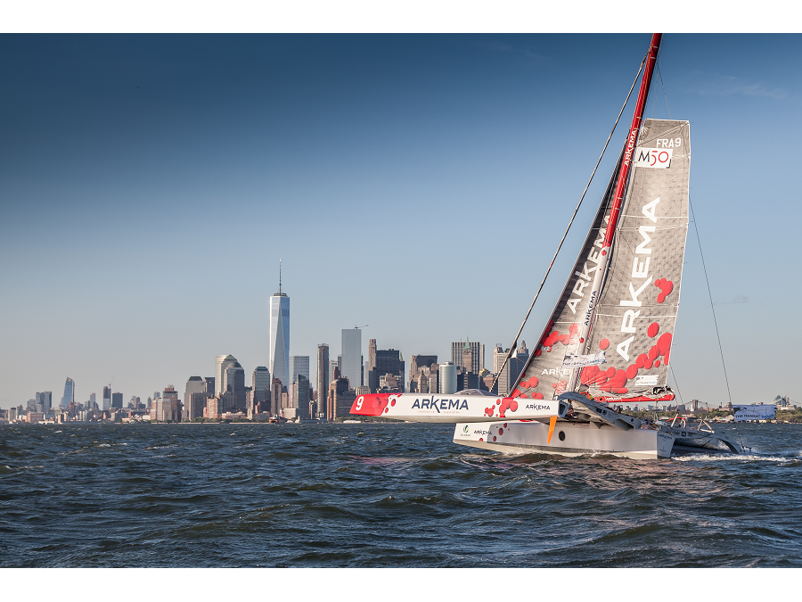 Arkema Multi50 trimaran with the Manhattan skyline
