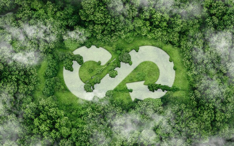 Symbole de l’économie circulaire intégré dans une forêt vue du ciel