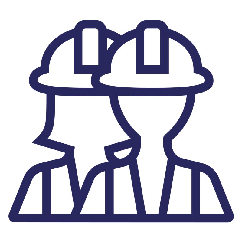 Pictogram representing a work team wearing safety helmets, symbolizing operations and technical support in an industrial setting.
