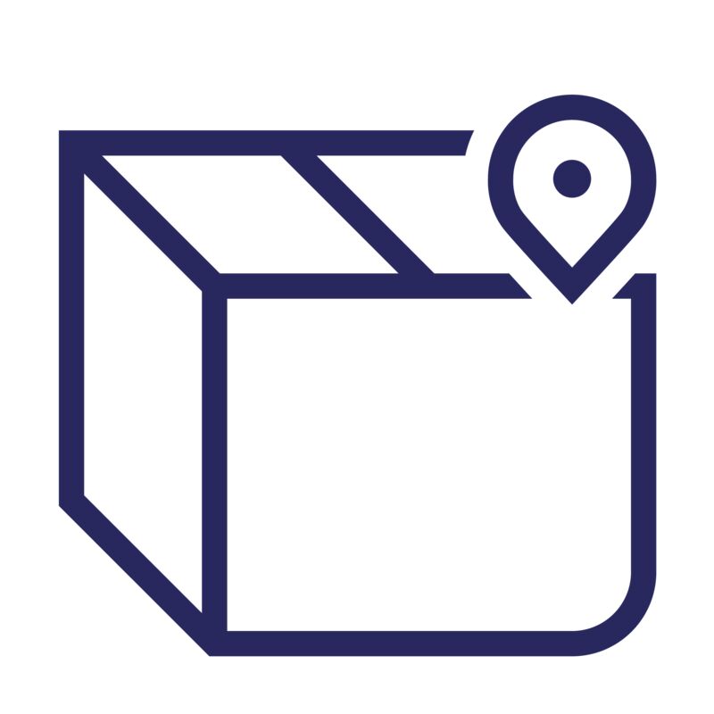 Package icon with a location marker, illustrating logistics, transportation, shipment tracking, and the supply chain