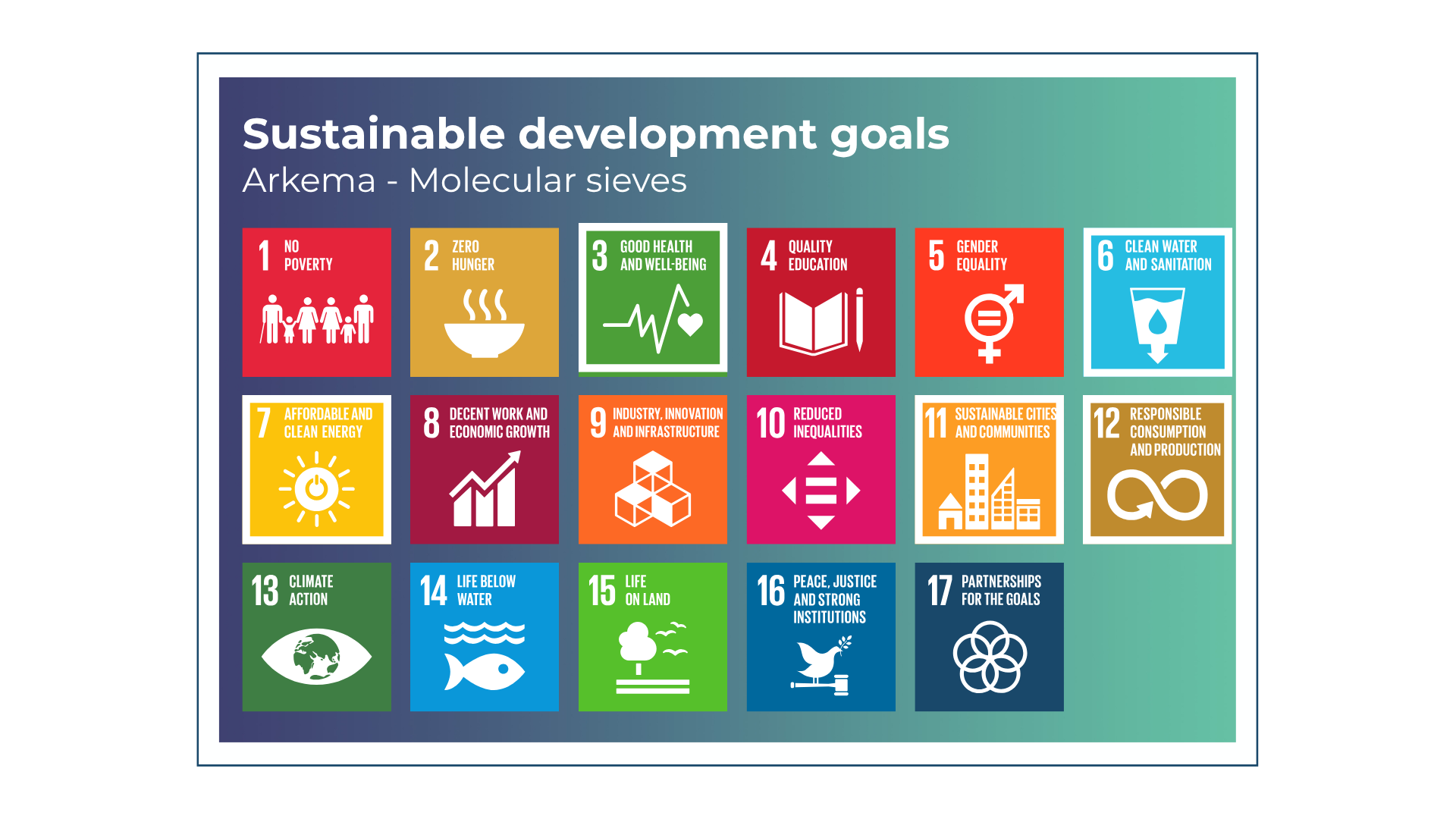 Infographic presenting the key United Nations Sustainable Development Goals to which Arkema’s molecular sieve solutions contribute